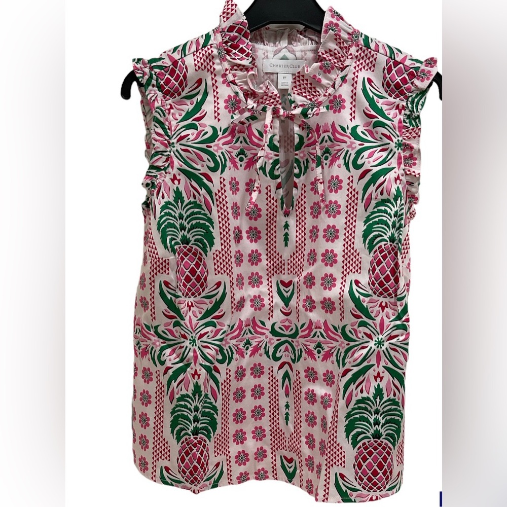 A3).  CHARTER CLUB Pineapple Sleeveless Ruffle Pink Green size Petite